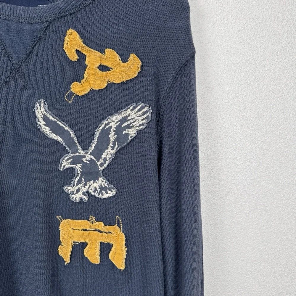 American Eagle Shirt Mens XL Blue Thermal Crewneck Vintage Fit Y2K Pullover‎